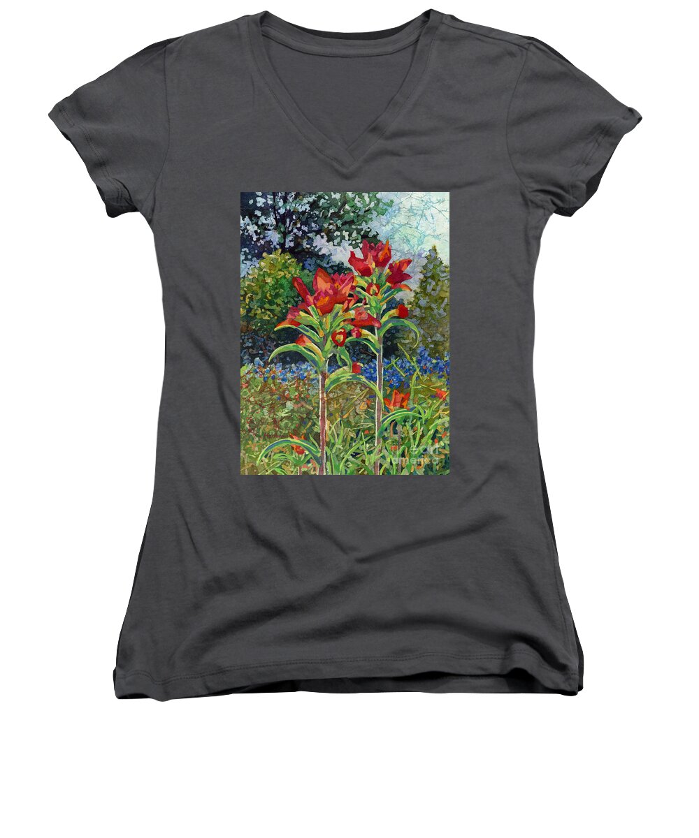 Wild Flower Women's V-Neck featuring the painting Indian Spring by Hailey E Herrera