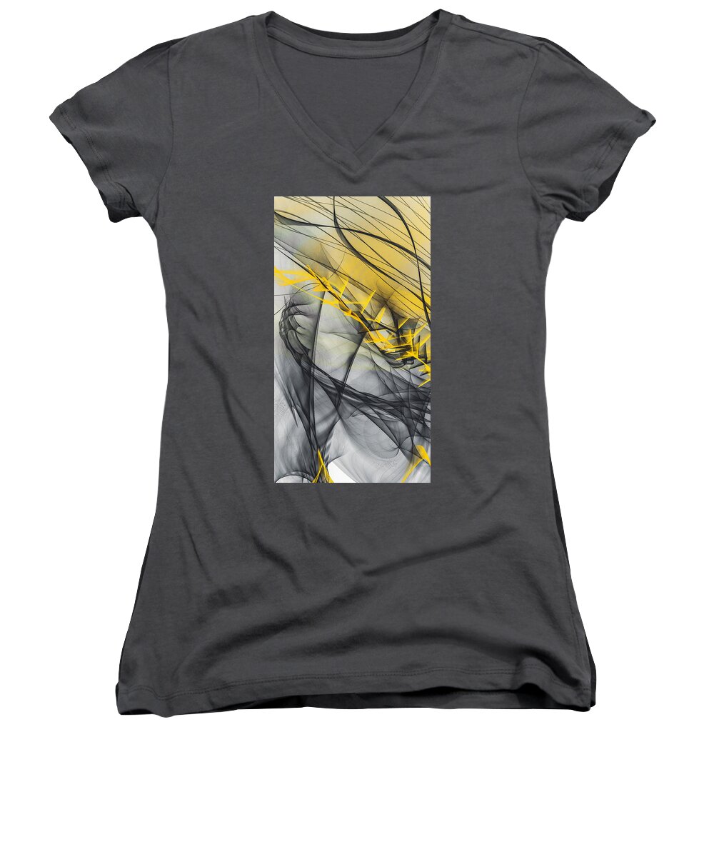 Yellow Women's V-Neck featuring the painting Intricately Yellow - Yellow and Gray Art by Lourry Legarde