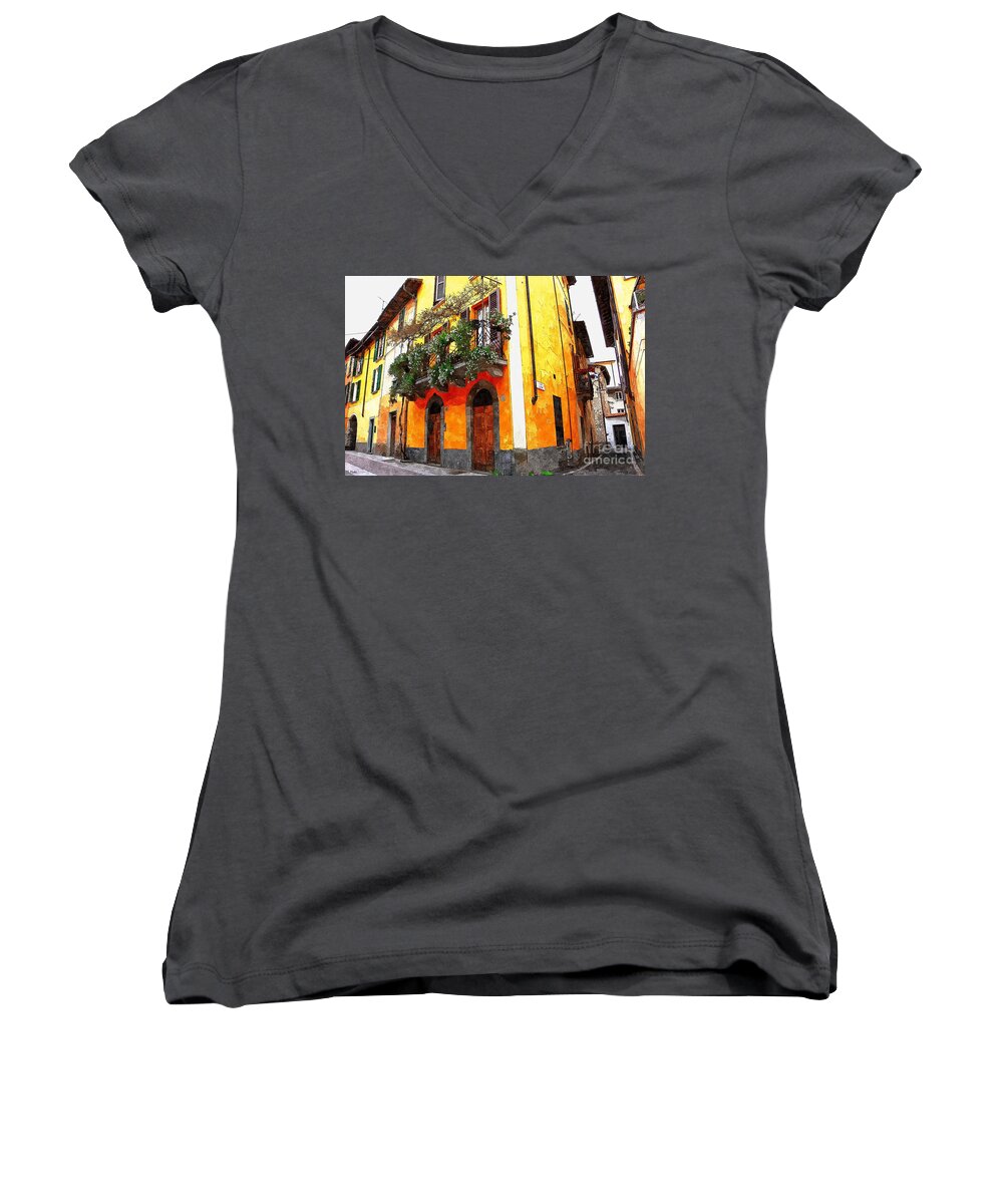 Iseo Women's V-Neck featuring the photograph Italian Streets in Yellow in Iseo Italy by Ramona Matei