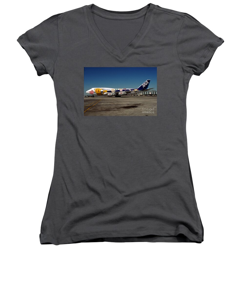 Ja8962 Women's V-Neck featuring the photograph JA8962, Pokemon Characters, 747 All Nippon Airways by Wernher Krutein