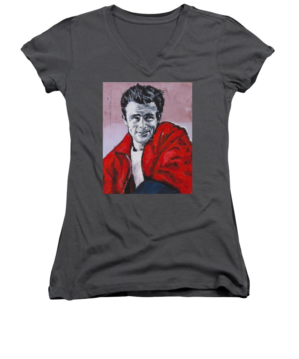 James Dean Women's V-Neck featuring the pastel J.Dean - Without a Cause by Eric Dee