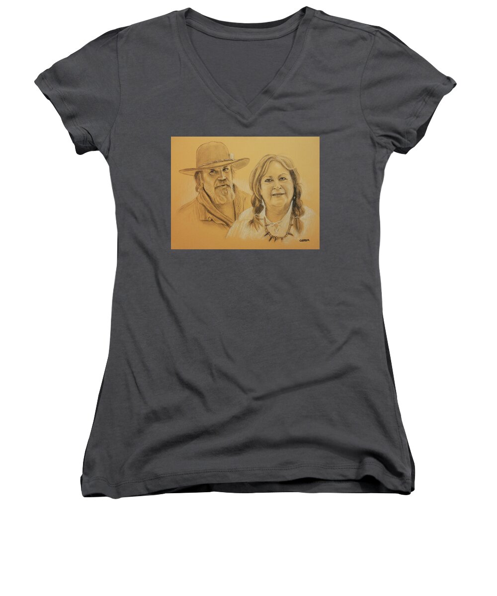 Couple Women's V-Neck featuring the drawing Jeff and Teri by Todd Cooper