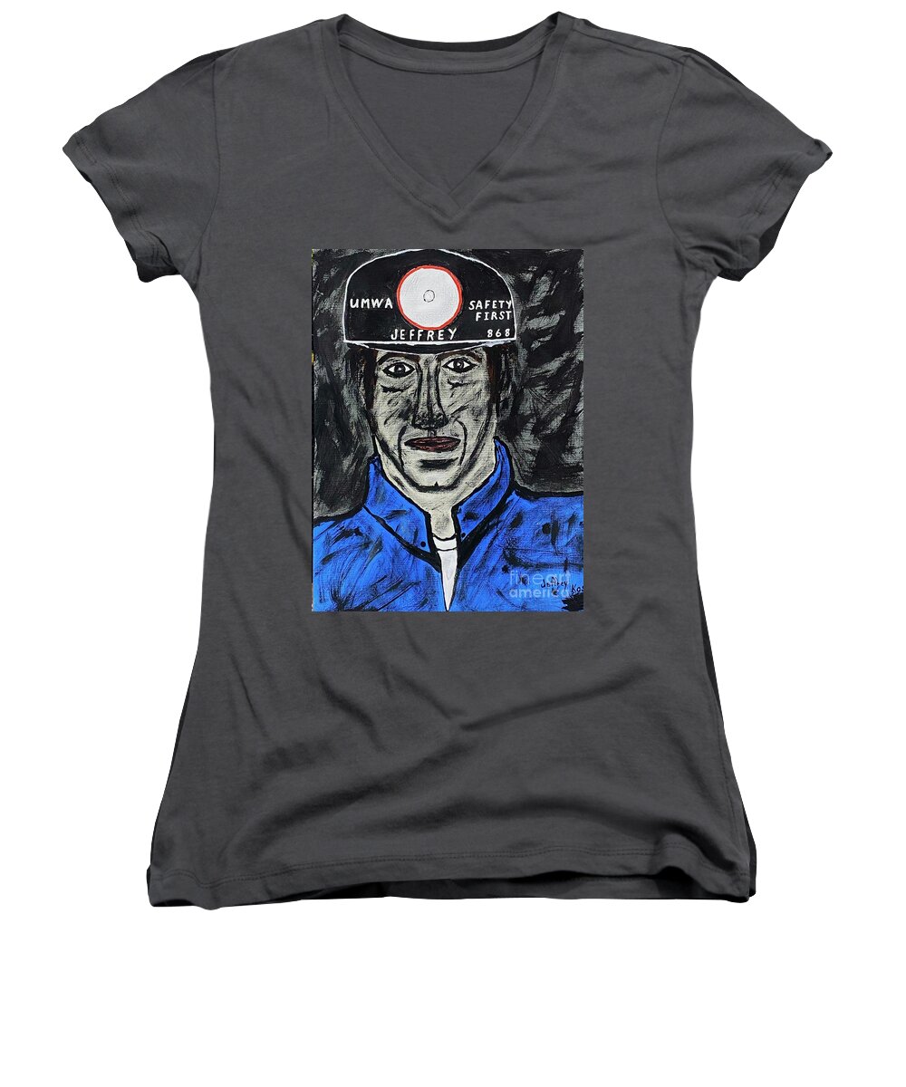 Coal Women's V-Neck featuring the painting Jeffrey The Coal Miner by Jeffrey Koss