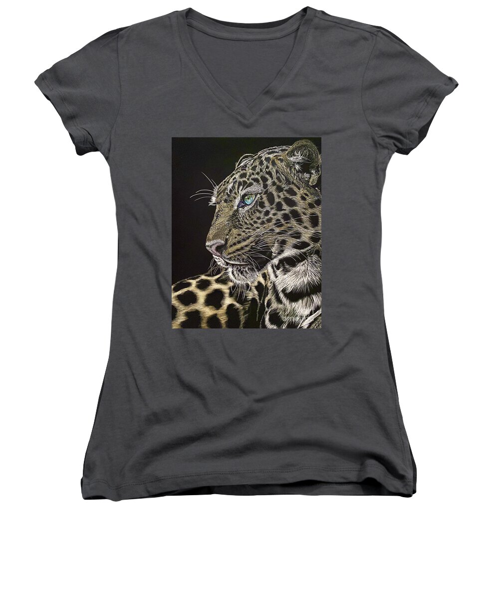 Leopard Women's V-Neck featuring the mixed media King Oba by Sonja Jones