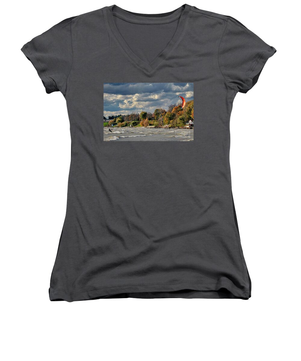 Kite Women's V-Neck featuring the photograph Kite Surfing on Lake Erie by Jale Fancey