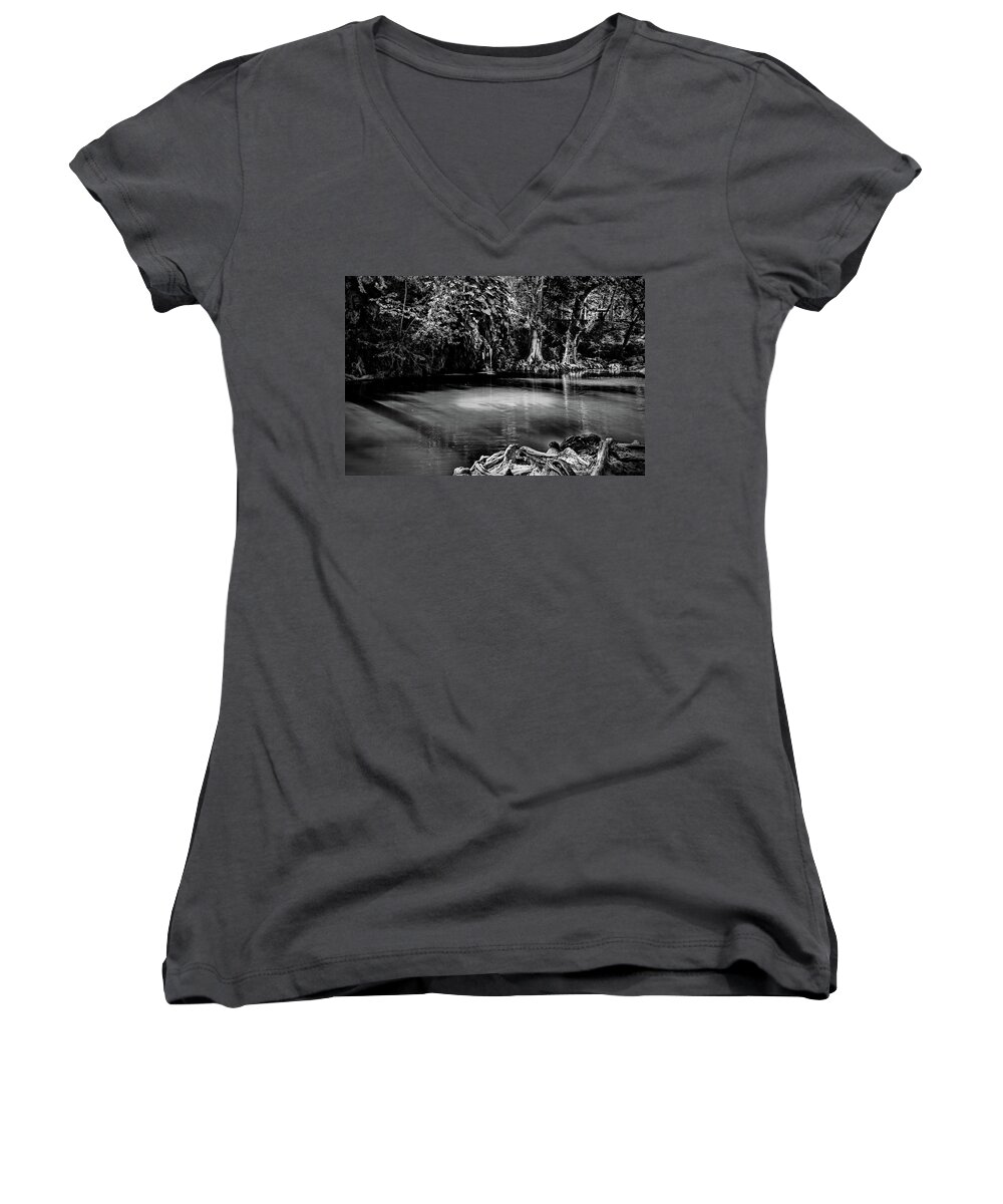 Krause Springs Women's V-Neck featuring the photograph Krause Springs Spicewood Texas Black and White by Judy Vincent