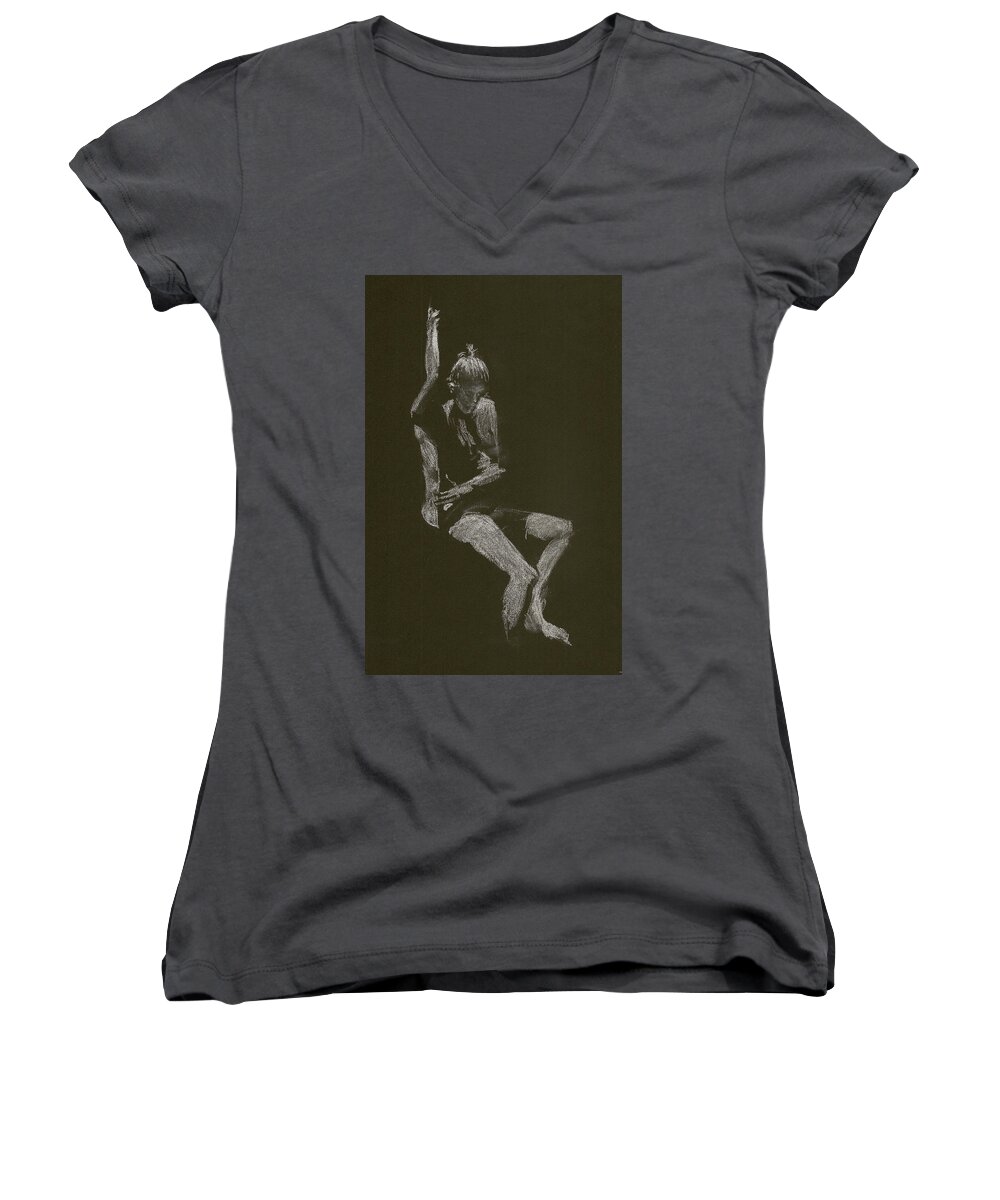 Modell Women's V-Neck featuring the drawing Kroki 2014 10 04_12 Figure Drawing White Chalk by Marica Ohlsson
