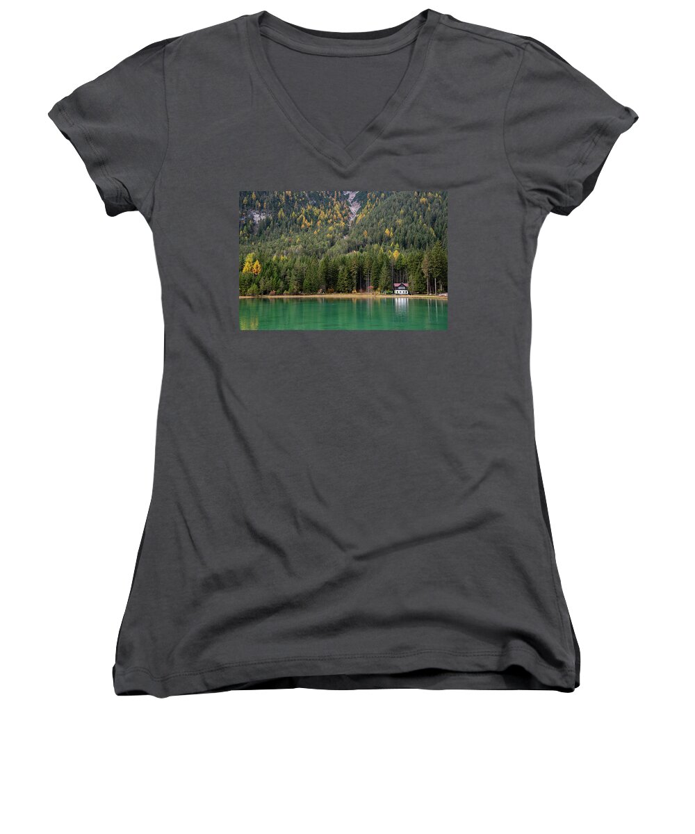 Italy Women's V-Neck featuring the photograph House in the lake and forest. Lago di dobbiaco lake. Italian aps by Michalakis Ppalis