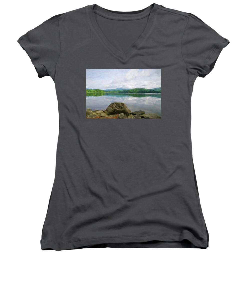 Rock Women's V-Neck featuring the photograph Lake Shore in Summer by Nancy De Flon