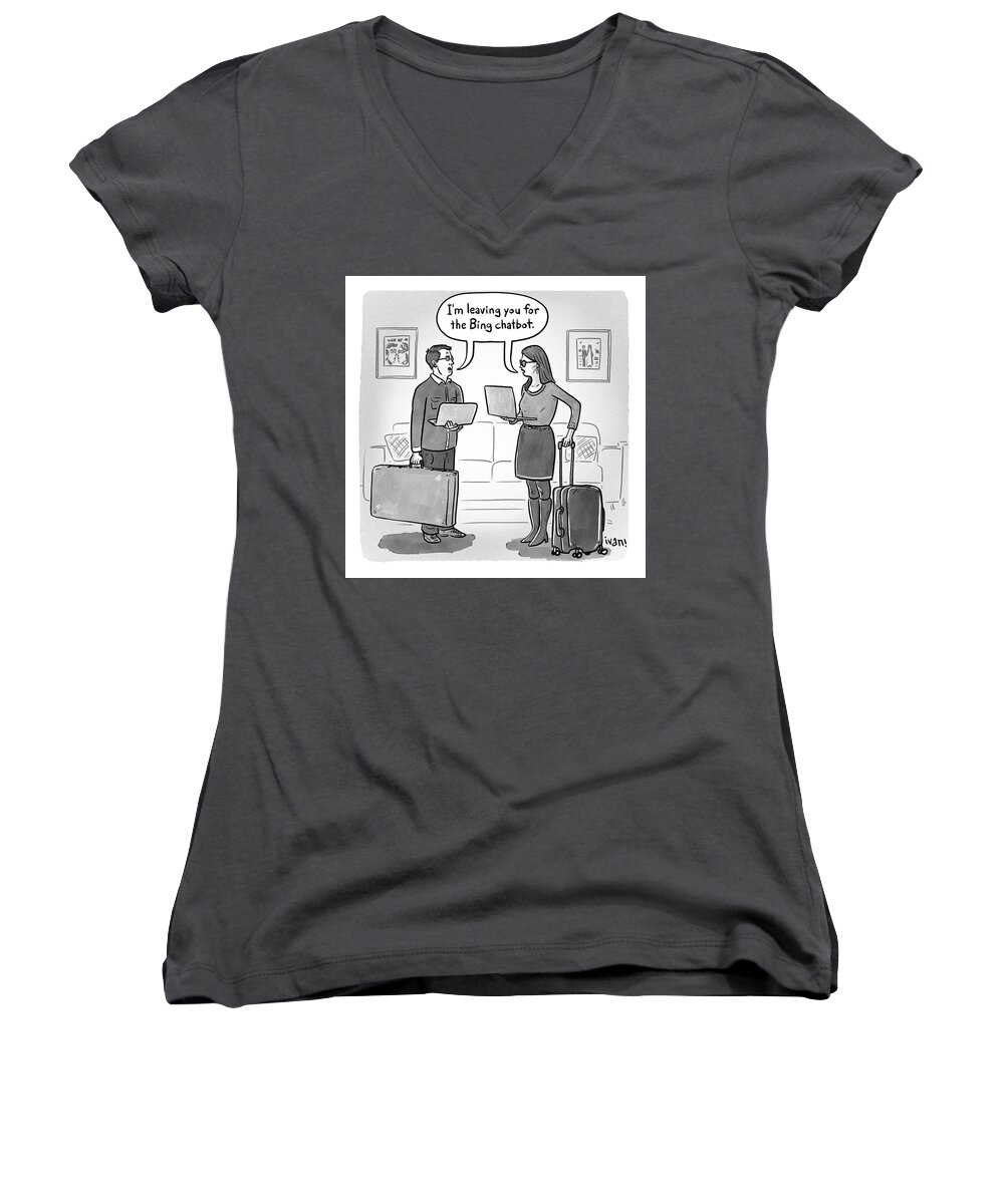 Captionless Women's V-Neck featuring the drawing Leaving You for the Bing Chatbot by Ivan Ehlers