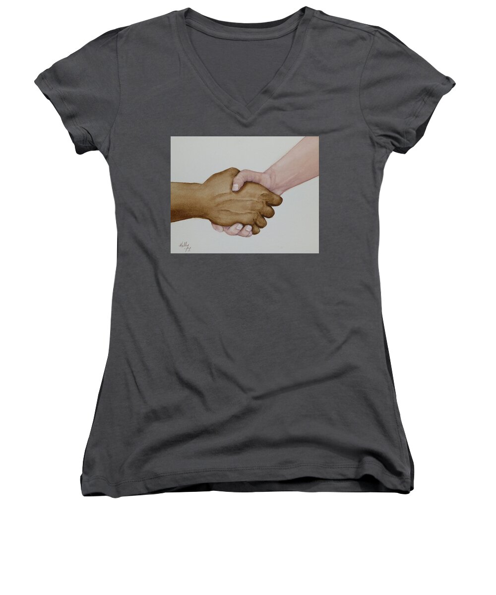 Hands Women's V-Neck featuring the painting Let's Shake Hands On it by Kelly Mills