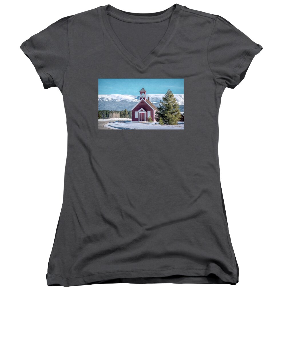 Colorado Women's V-Neck featuring the photograph Little Schoolhouse in the Shadow of the Rockies by Marcy Wielfaert
