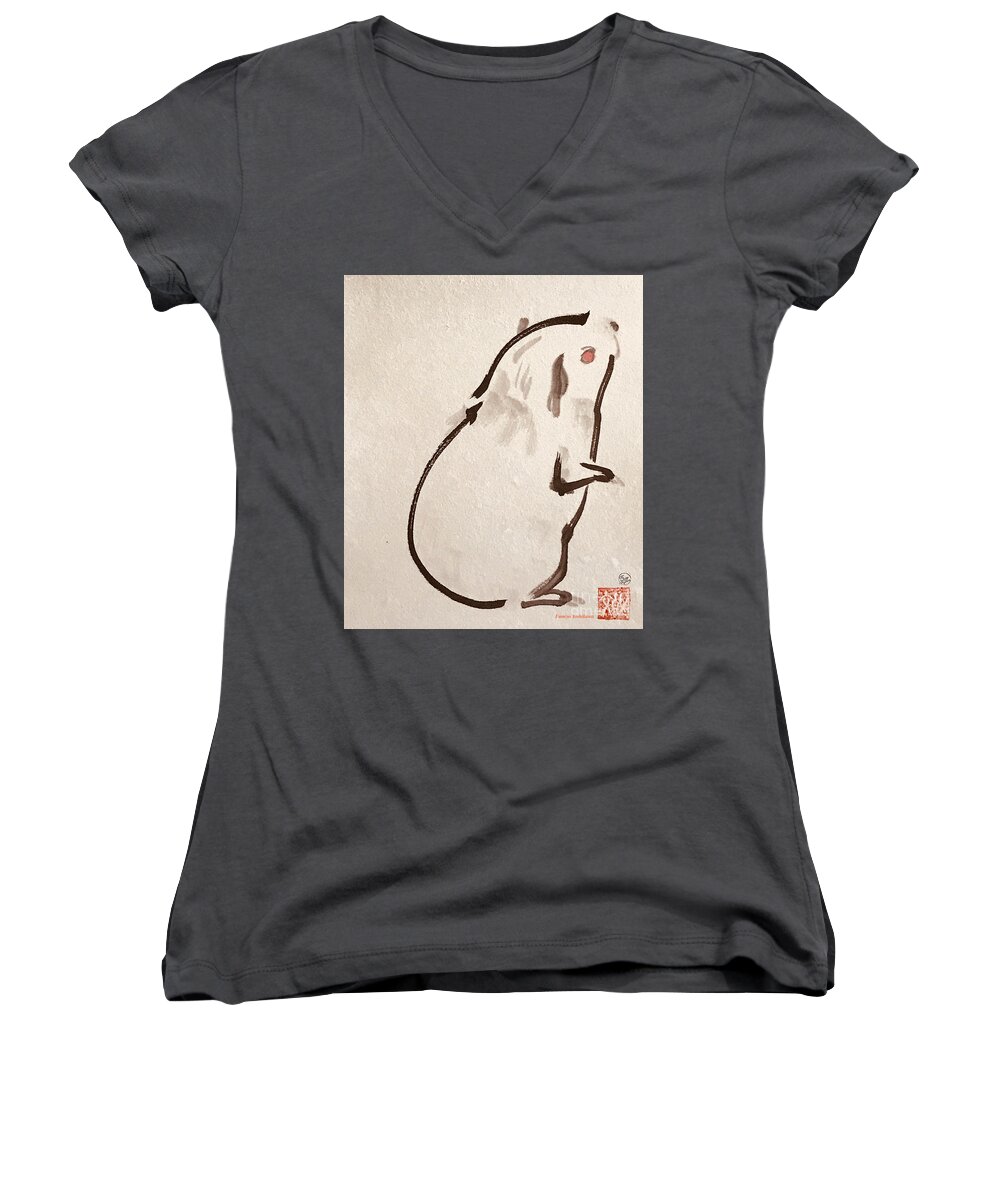 Japanese Women's V-Neck featuring the painting Looking for the Friend by Fumiyo Yoshikawa