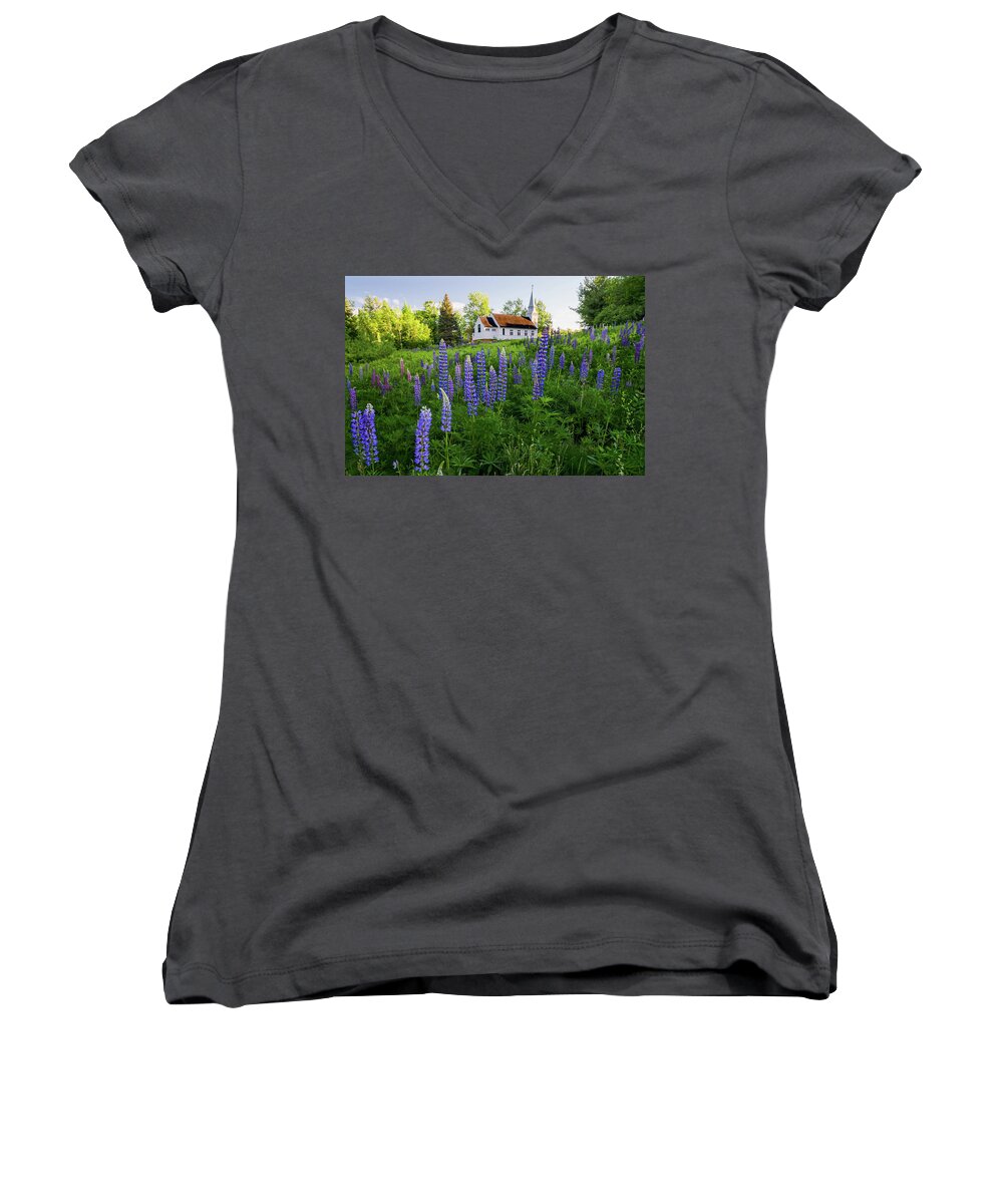 Lupine Women's V-Neck featuring the photograph Lupines by Saint Matthew's Chapel in Sugar Hill, New Hampshire I by William Dickman