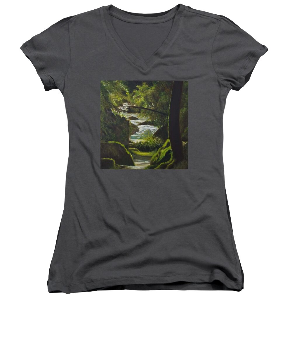 Water Trees Green Women's V-Neck featuring the painting Magic Stream by Caroline Philp
