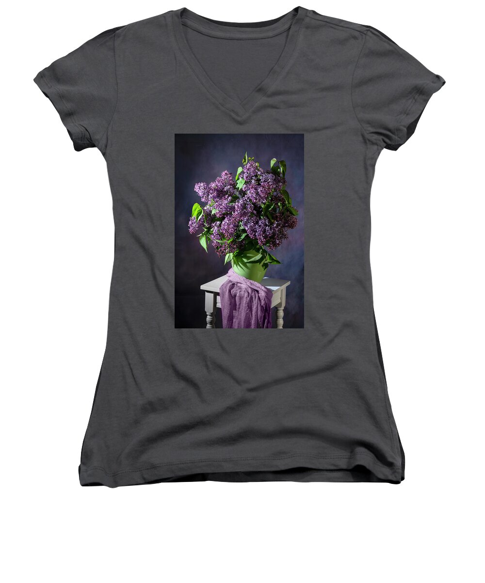 Lilac Still Life Women's V-Neck featuring the photograph Magnificent Lilac Still Life by Lily Malor