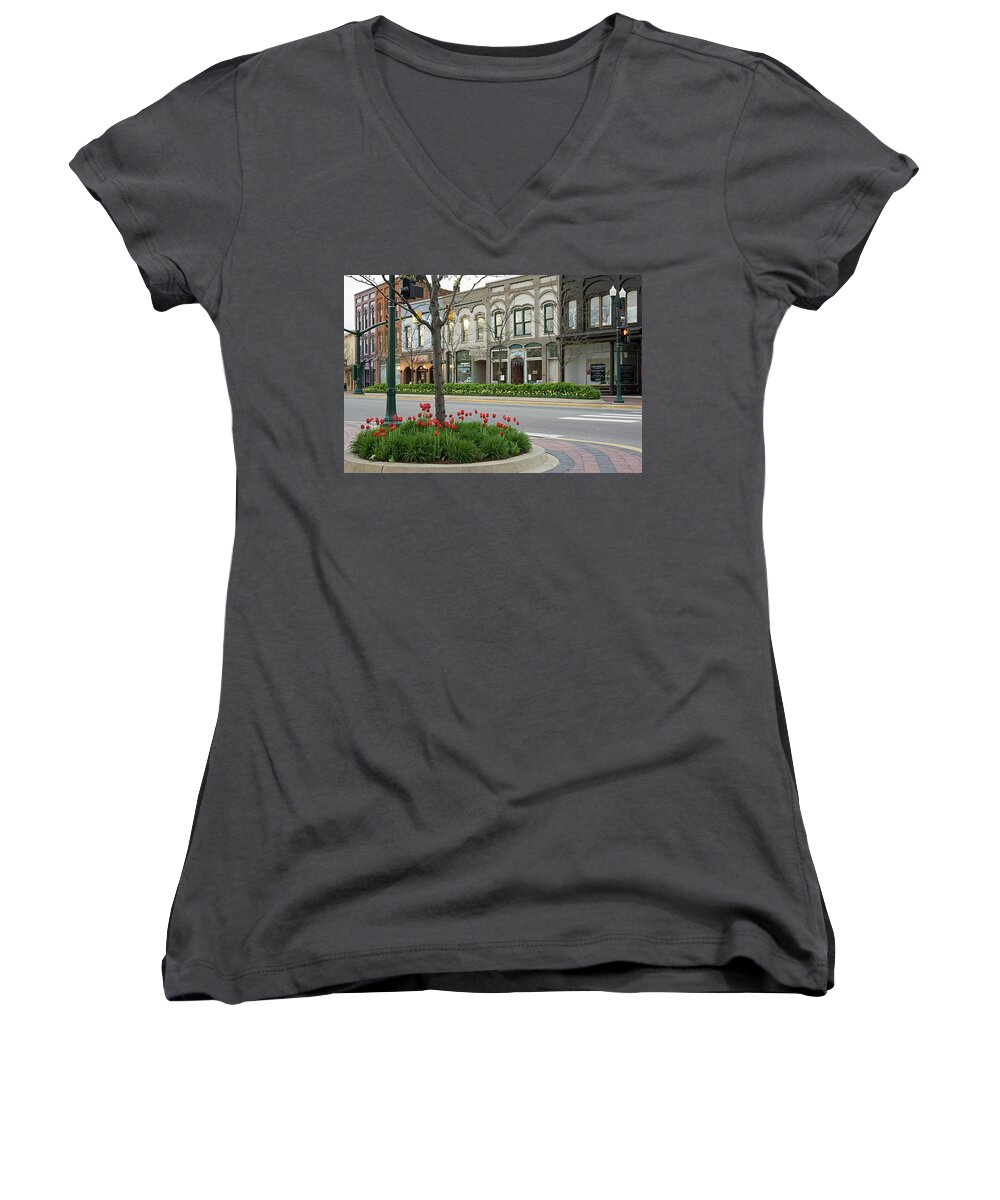 Main Street Women's V-Neck featuring the photograph Main Street South Side by Jill Love