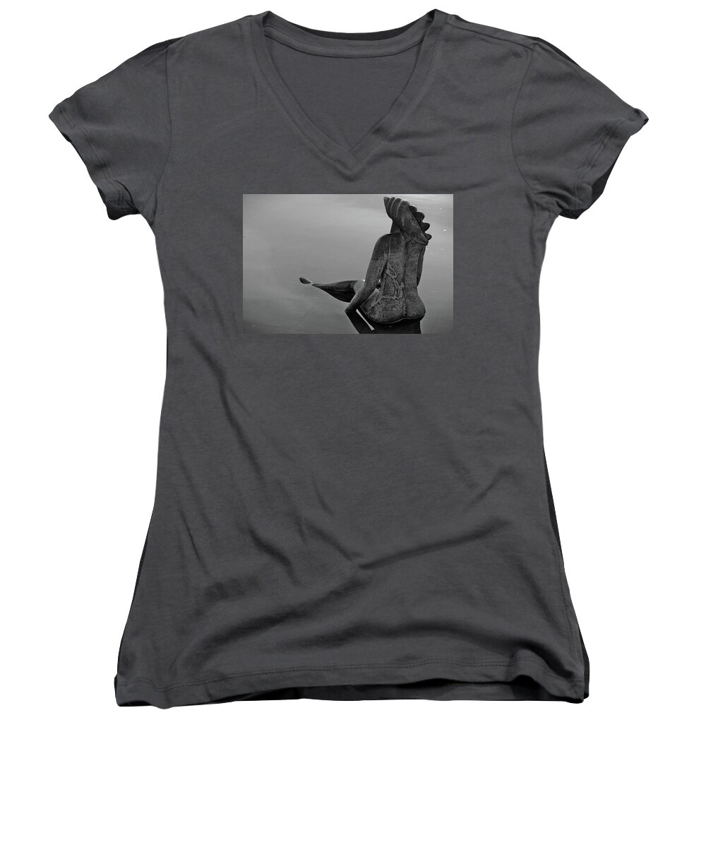 Faro Women's V-Neck featuring the photograph Mermaid bronze statue in the Faro Marina by Angelo DeVal