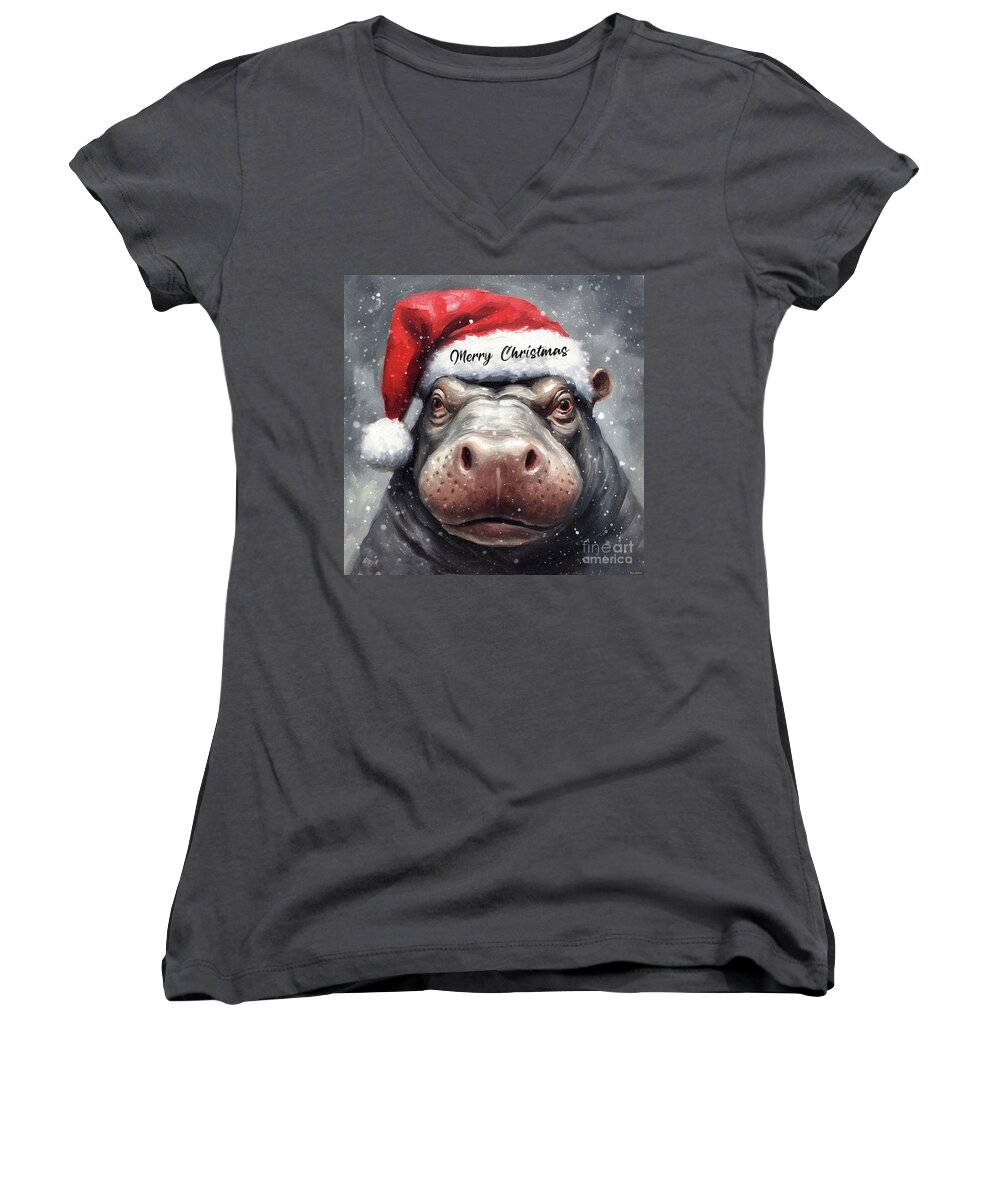 Christmas Women's V-Neck featuring the painting Merry Christmas Hippopotamus by Tina LeCour