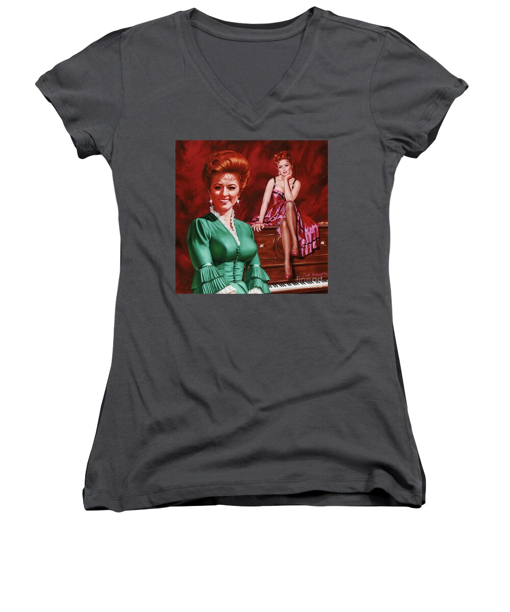Portrait Women's V-Neck featuring the painting Miss Kitty by Dick Bobnick