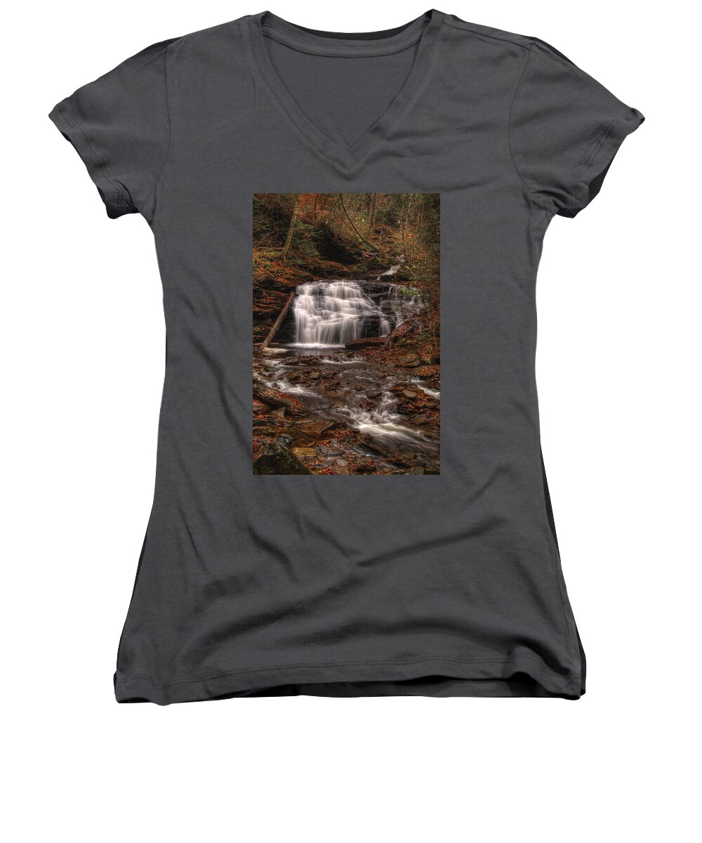 Waterfall Women's V-Neck featuring the photograph Mohican Falls by Erika Fawcett