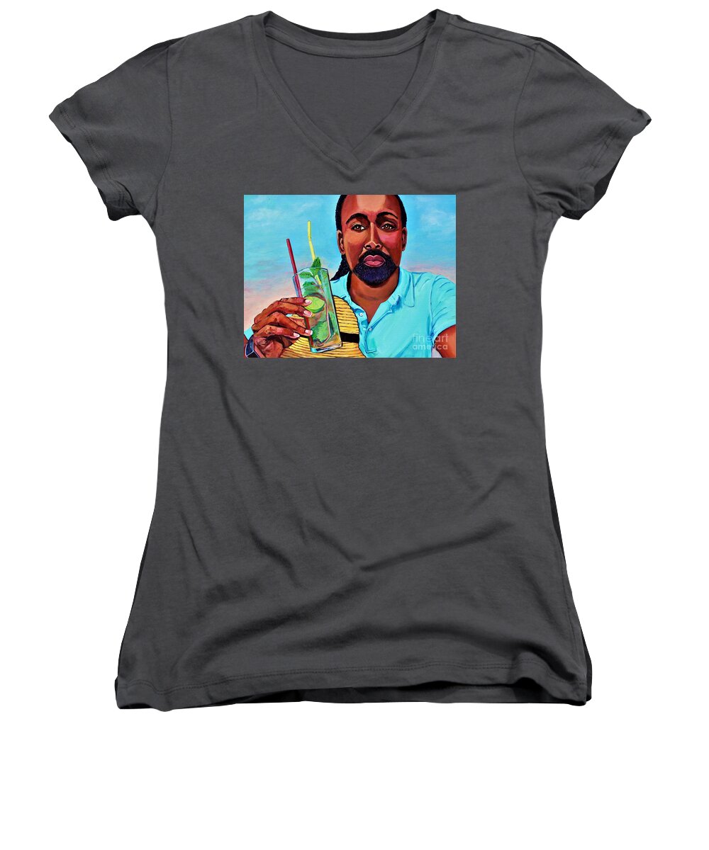Mojito Drink Women's V-Neck featuring the painting Mojito Mike Acrylic Painting by Ecinja