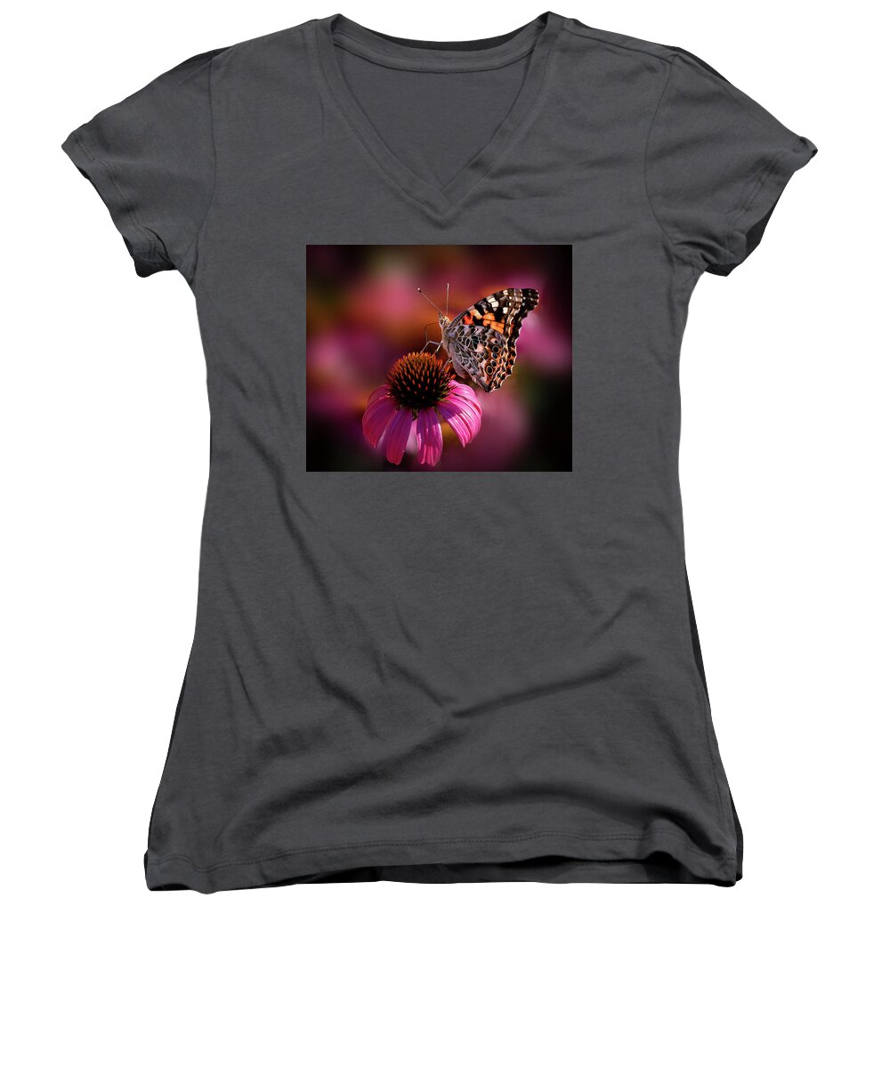 Art Photo Women's V-Neck featuring the photograph Monarch Butterfly on Pink Cone Flower by Lily Malor