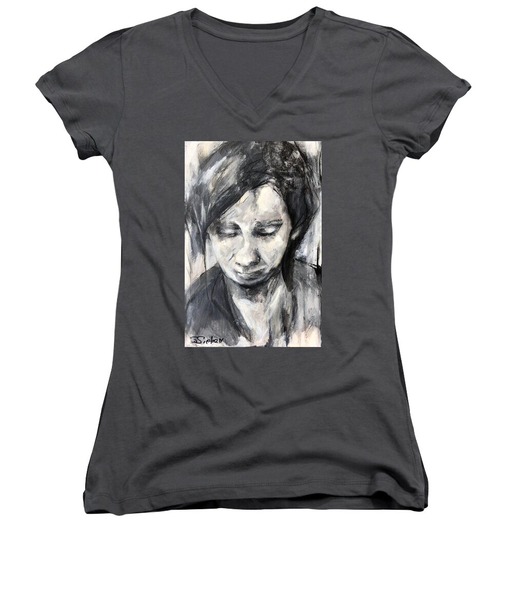 Portrait Women's V-Neck featuring the painting Monochrome Moods by Sharon Sieben