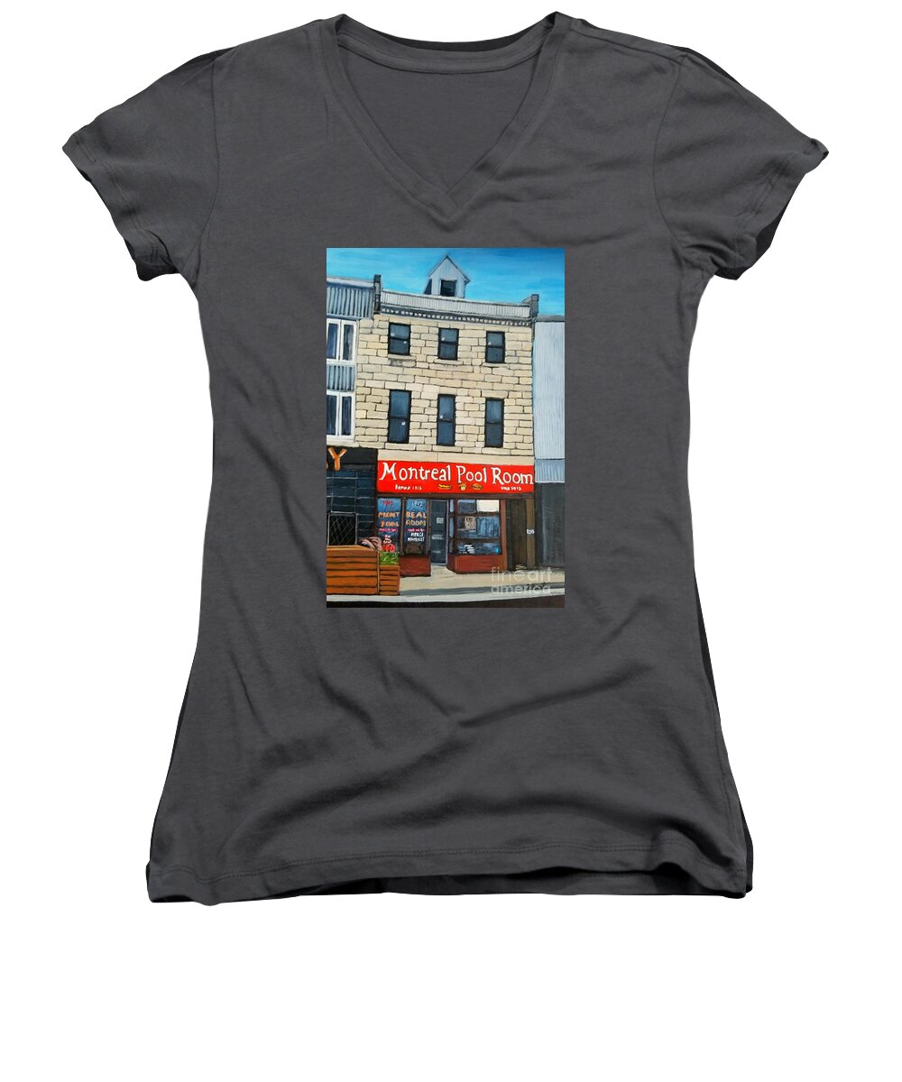 Montreal Art Women's V-Neck featuring the painting Montreal Pool Room by Reb Frost