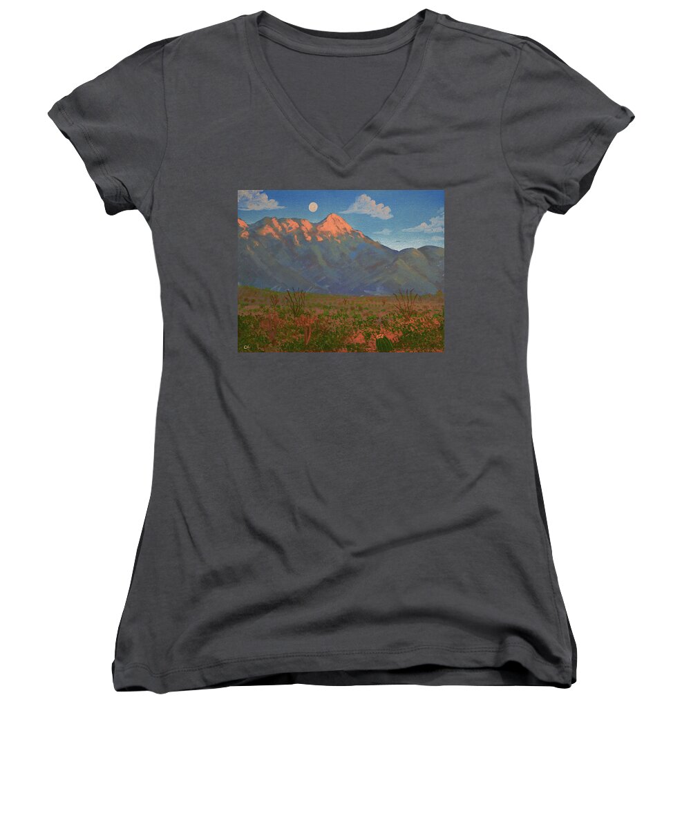 Arizona Women's V-Neck featuring the painting Mount Wrightson Moon, Green Valley AZ by Chance Kafka