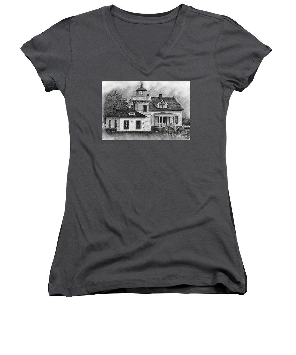 Lighthouse Women's V-Neck featuring the digital art Mukilteo Lighthouse Sketched by Kirt Tisdale