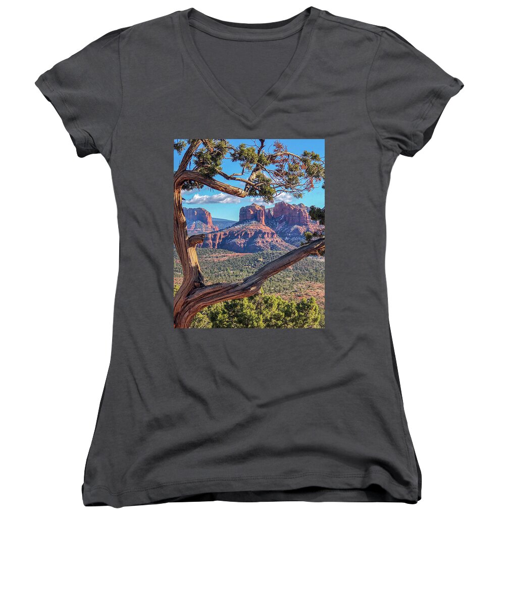 Arizona Women's V-Neck featuring the photograph Naturally Framed - Cathedral Rock Sedona, Arizona by Teresa Wilson