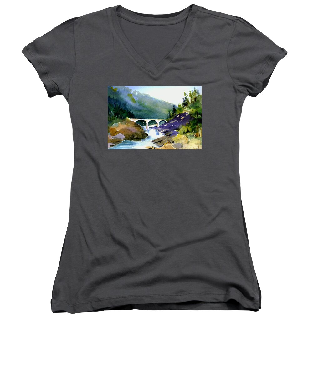 Bridge Over American River Women's V-Neck featuring the painting No Hands/ Mtn Quarries Bridge by Joan Chlarson