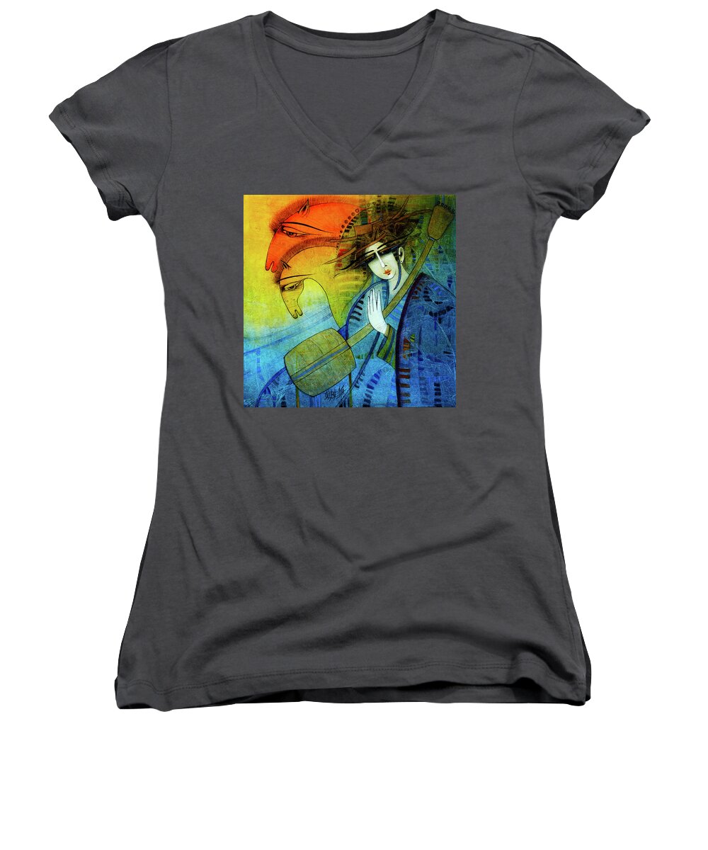 Albena Women's V-Neck featuring the painting No One Can Stop My Dream Horses... by Albena Vatcheva