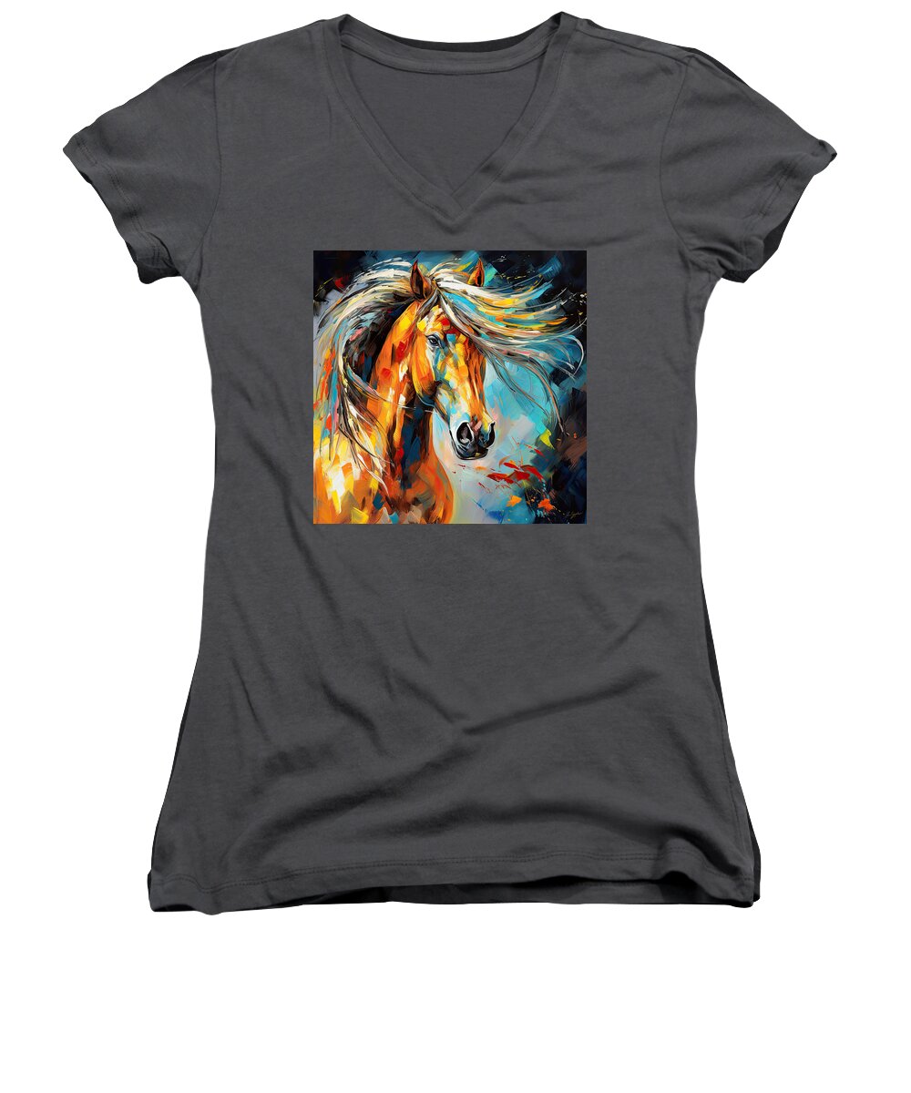 Colorful Horse Paintings Women's V-Neck featuring the painting Not Your Ordinary- Colorful Horse- White And Brown Paintings by Lourry Legarde