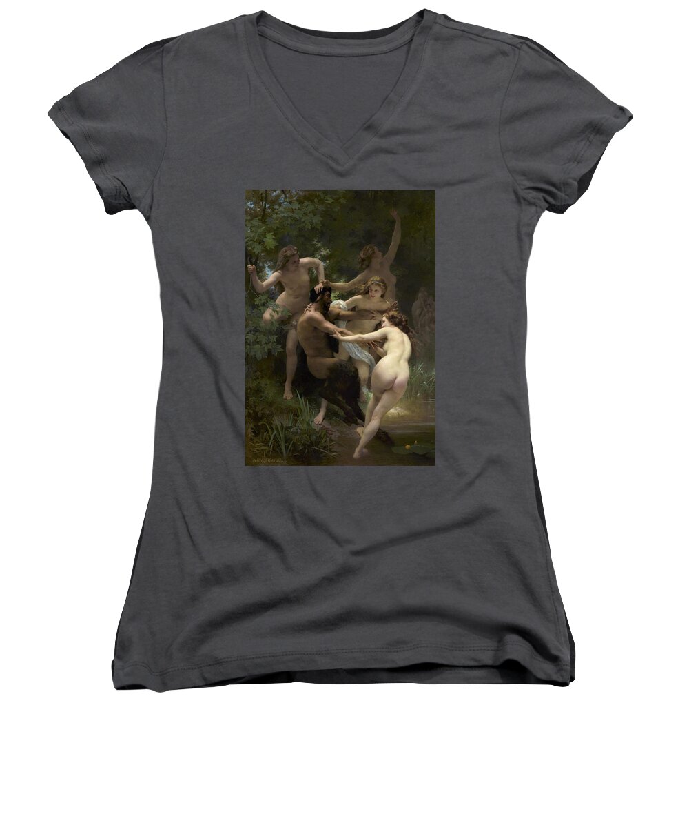 Nymphs And Satyr Women's V-Neck featuring the painting Nymphs and Satyr - Digital Remastered Edition by William-Adolphe Bouguereau