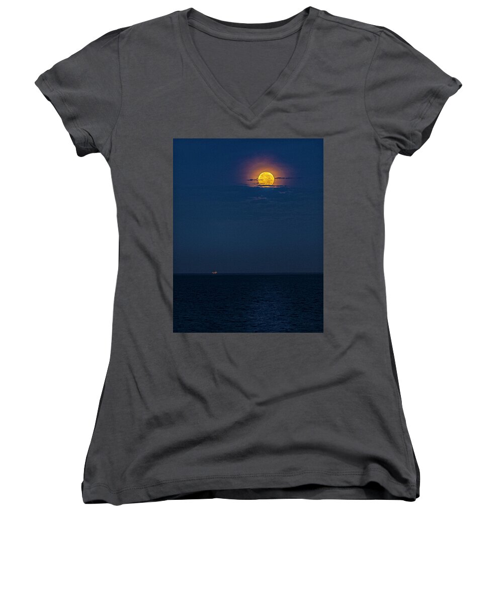 Photographs Women's V-Neck featuring the photograph Oil Rig With Moon Off Ventura County California Coastline by John A Rodriguez