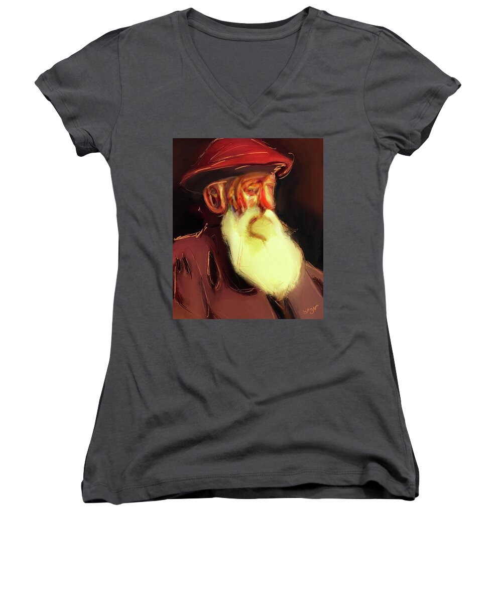 Old Man Women's V-Neck featuring the painting Old fisherman portrait of a weary man contemplating the sea life and his weariness after fishing art by MendyZ