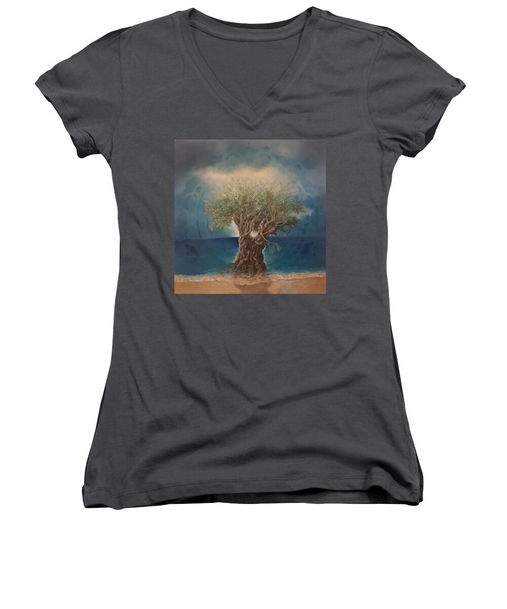 Seascape Women's V-Neck featuring the painting Olive and Sea by Caroline Philp