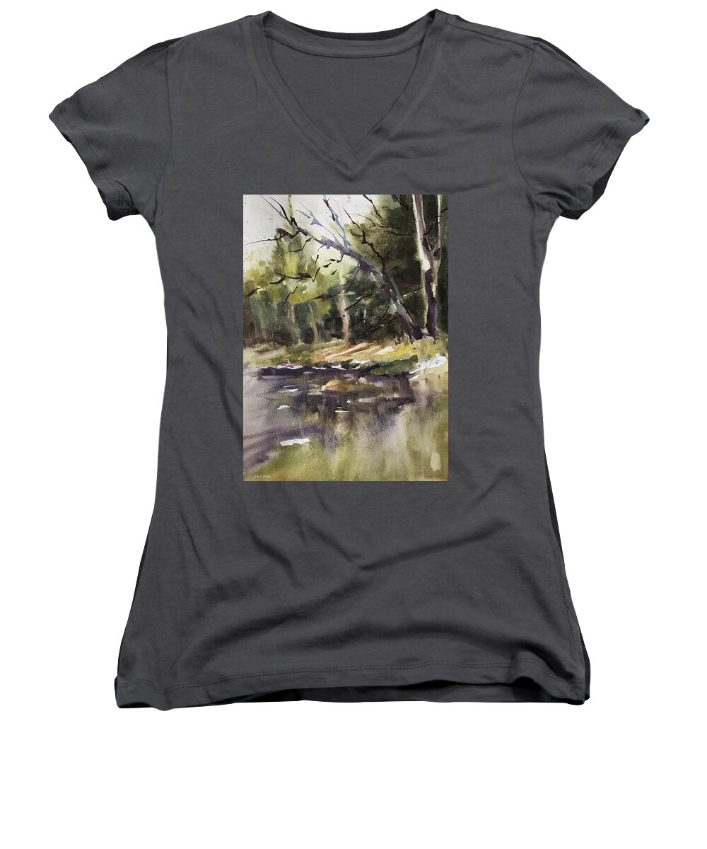 Landscape Women's V-Neck featuring the painting On the River by Judith Levins