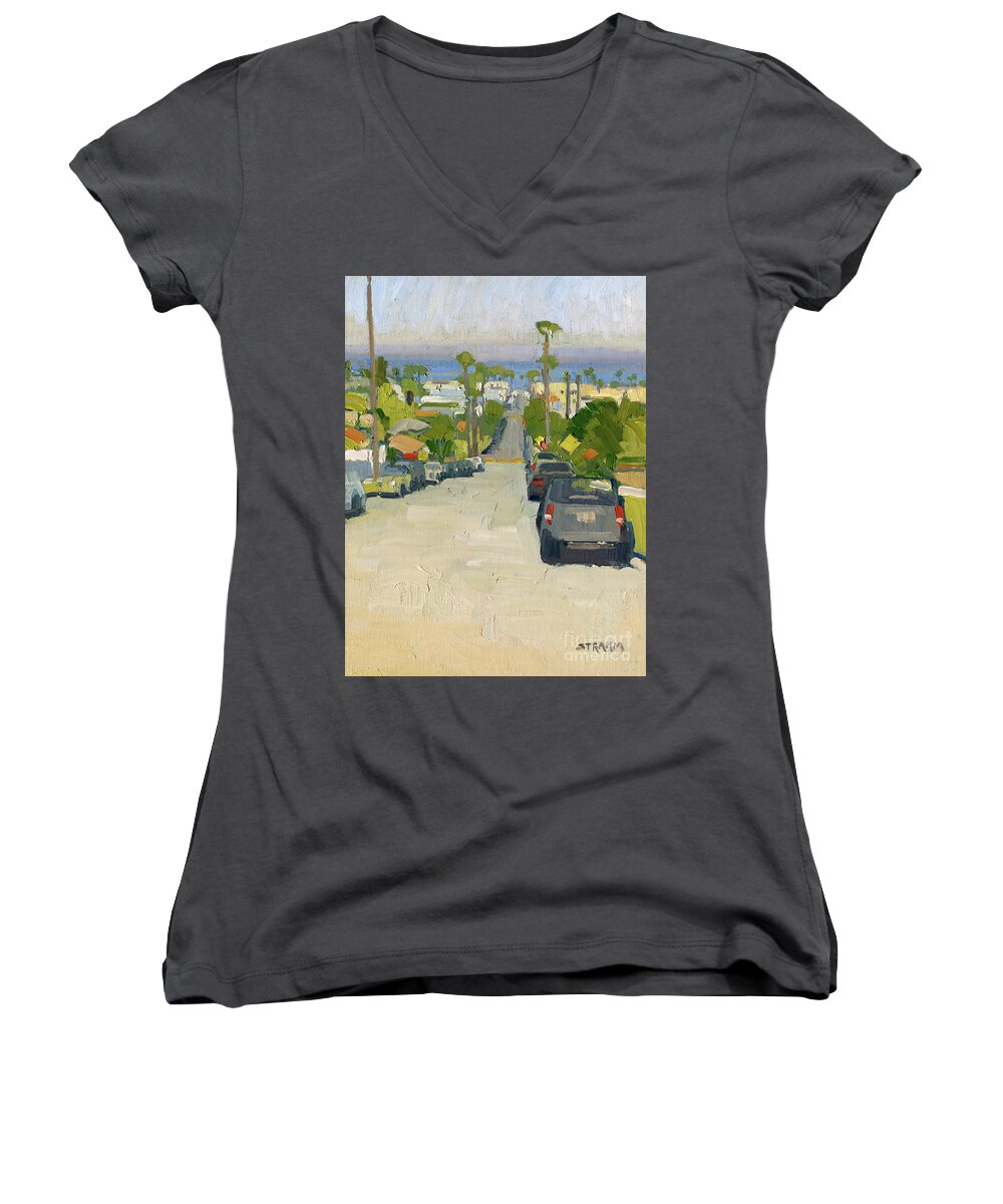 Pacific Ocean Women's V-Neck featuring the painting Pacific Ocean from Newport Ave, Ocean Beach, San Diego by Paul Strahm