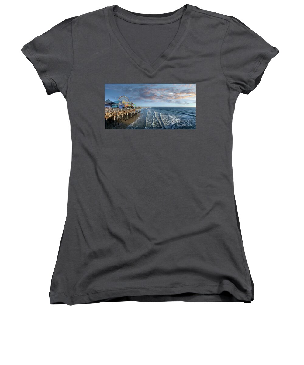 Pacific Park Women's V-Neck featuring the photograph Pacific Park and Santa Monica pier at sunset, Los Angeles by Joshua Poggianti
