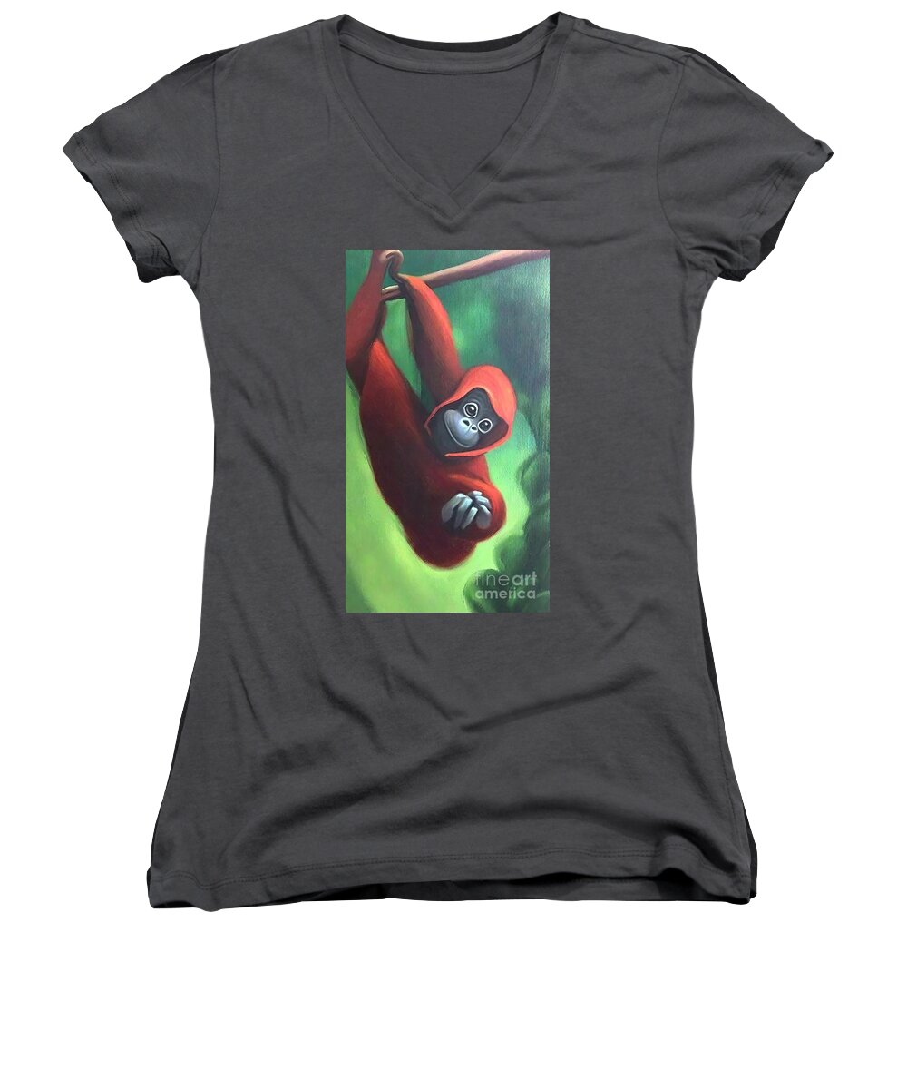 Animal Women's V-Neck featuring the painting Painting Mischievous Monkey On Vine animal illust by N Akkash