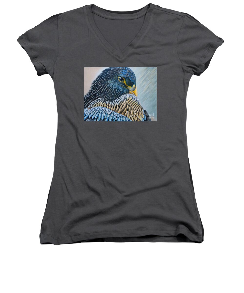 Bird Women's V-Neck featuring the painting Painting Ruffled No2 Peregrine Falcon 2021 bird a by N Akkash