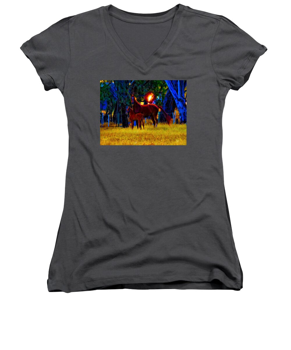 Horse Women's V-Neck featuring the mixed media Paris And Foal At Sunset by Joan Stratton