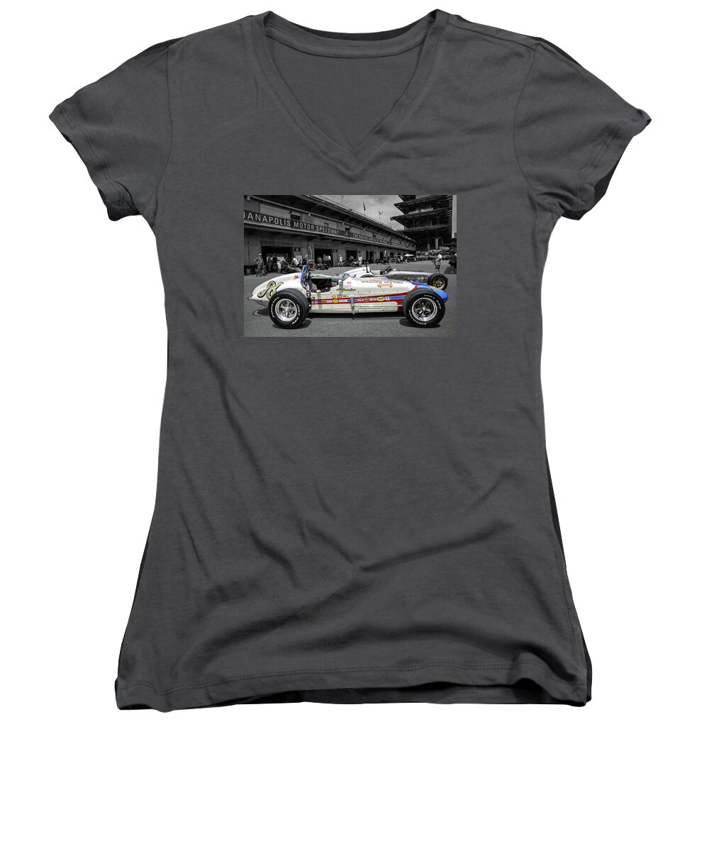 Indy Women's V-Neck featuring the photograph Parnelli Jones Roadster by Josh Williams