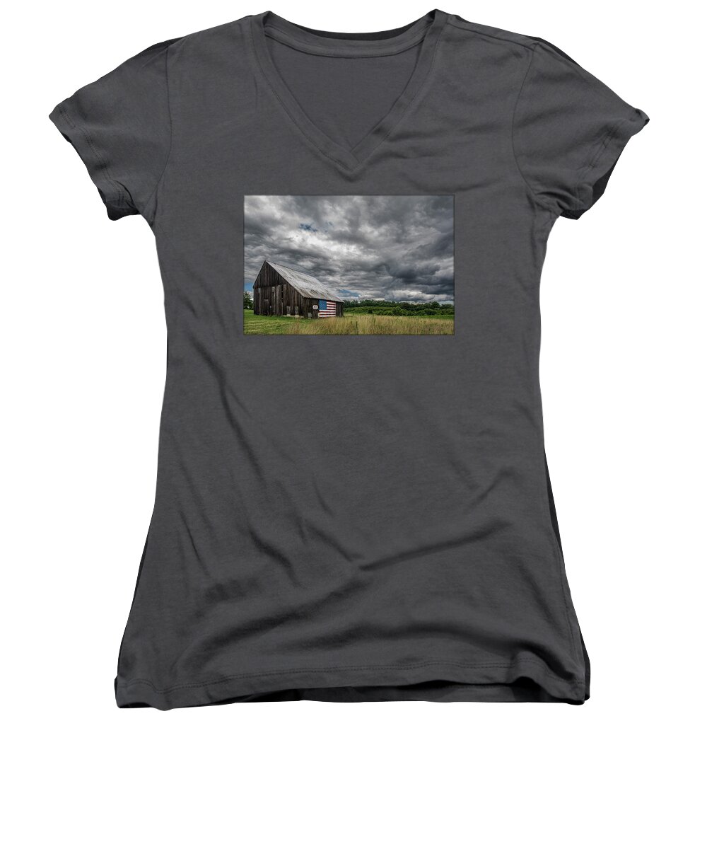 Storm Women's V-Neck featuring the photograph Patriotic Storm by Erika Fawcett