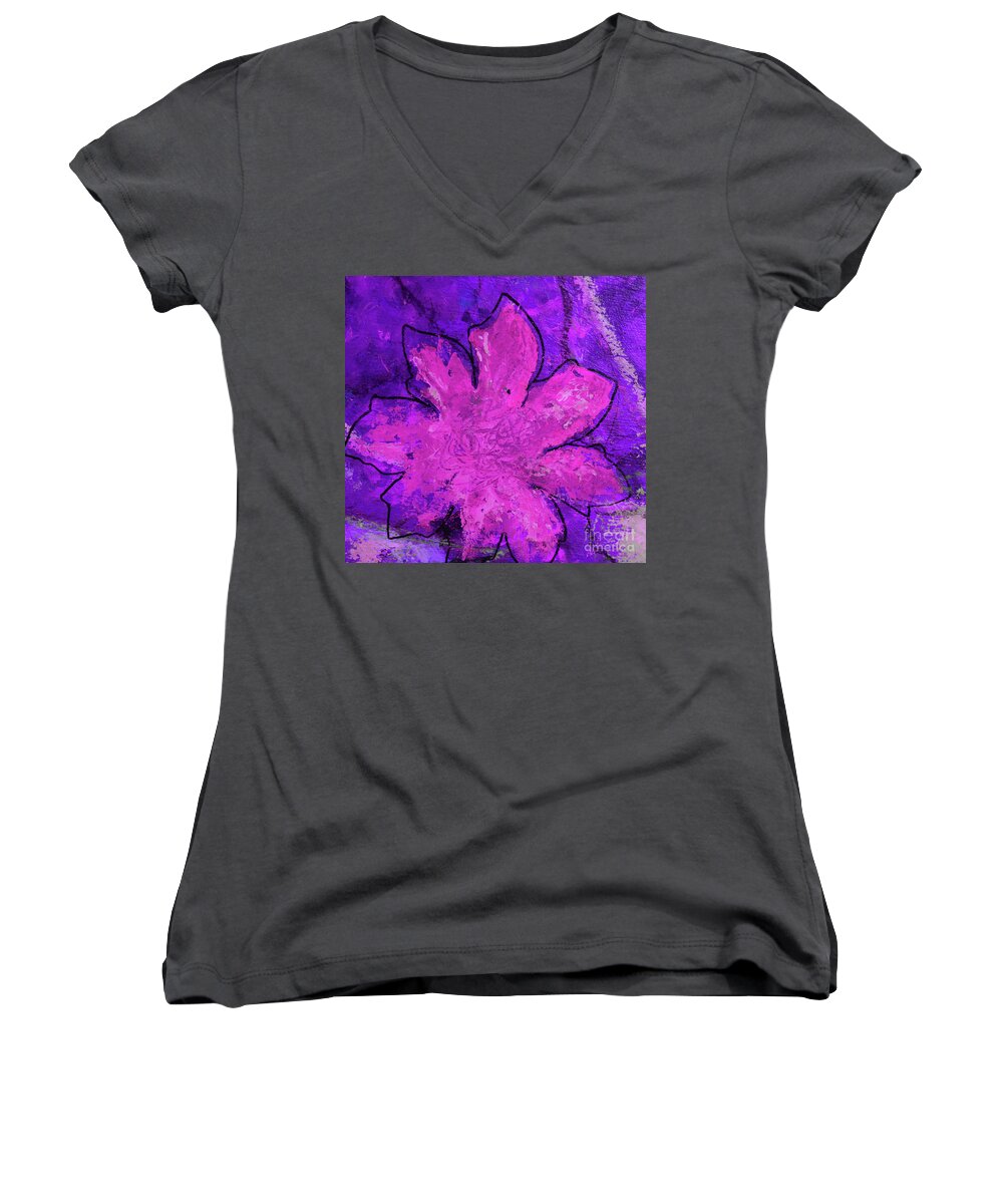 Pink Women's V-Neck featuring the digital art Pink flower on Purple by Mini Arora
