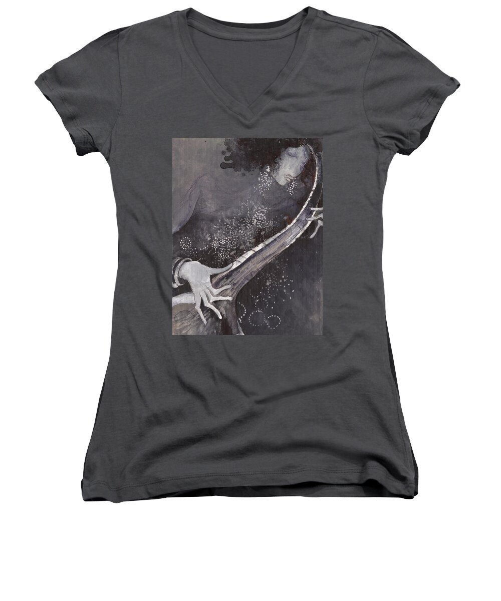 Music Women's V-Neck featuring the painting Playing sitar by Maya Manolova