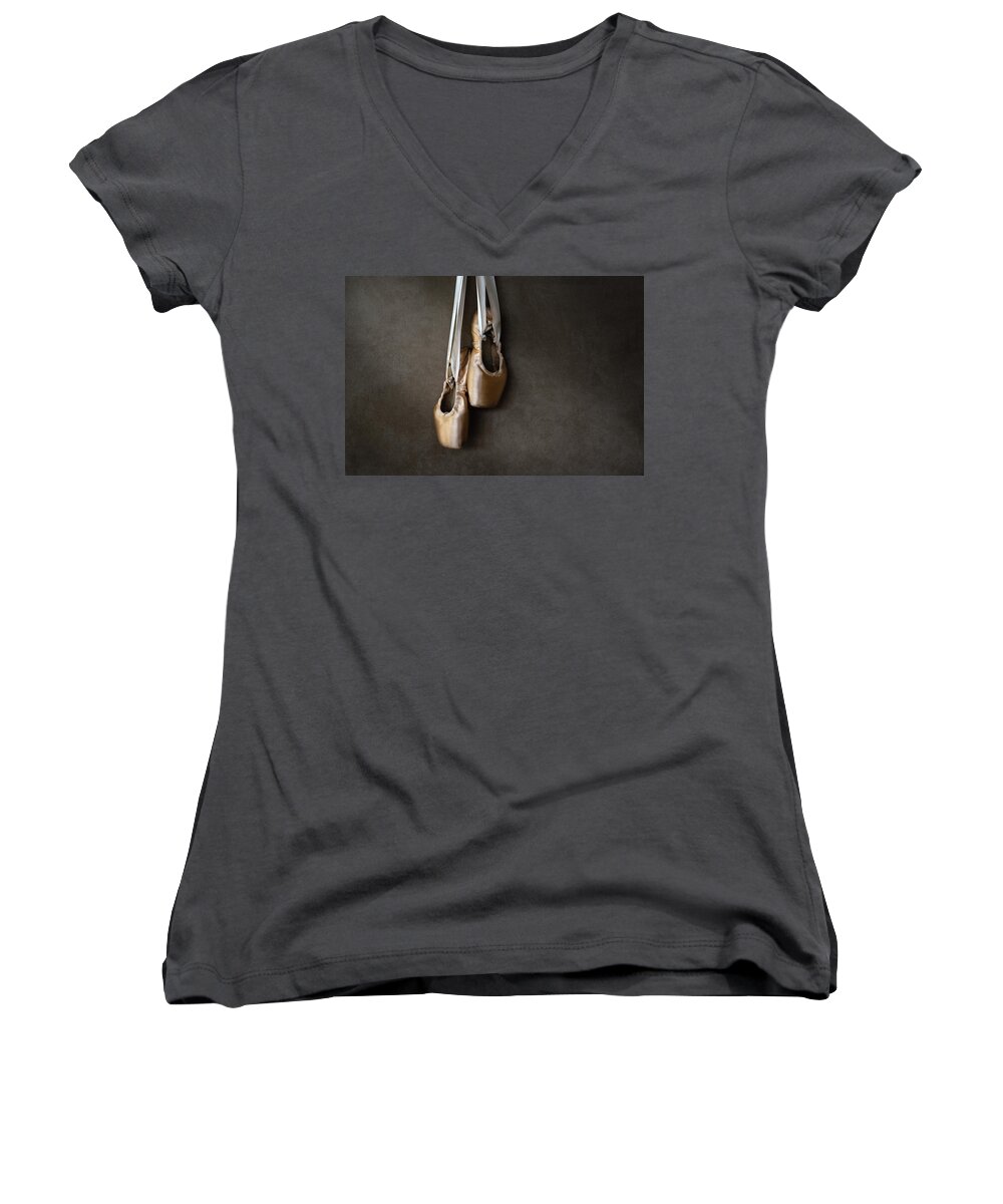Dance Women's V-Neck featuring the photograph Pointe Shoes Chiaroscuro by Laura Fasulo